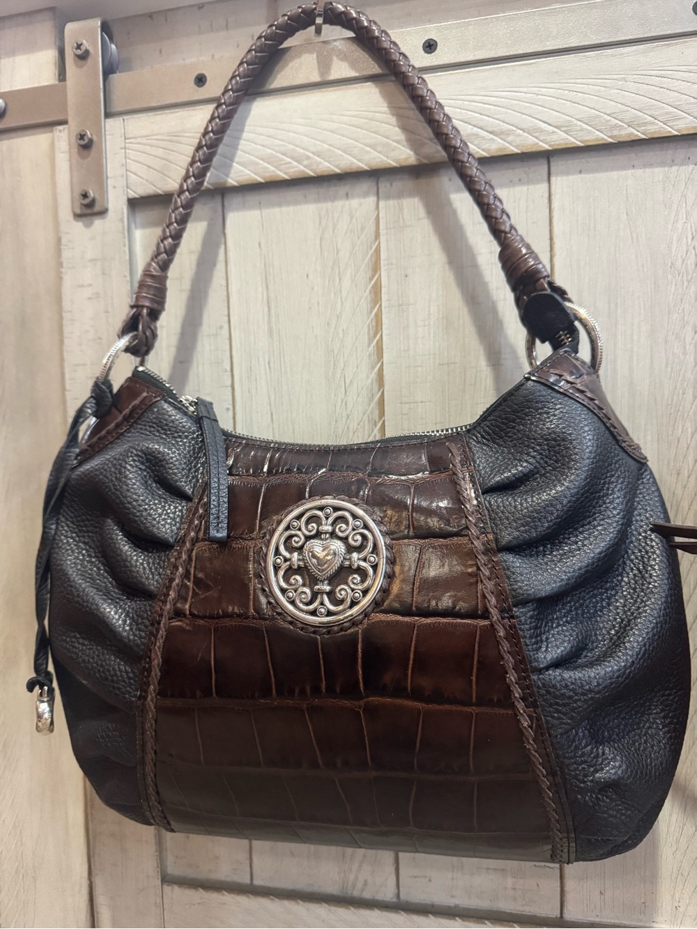 Brighton Croc-Embossed & Pebbled Leather Shoulder Bag in Excellent Condition